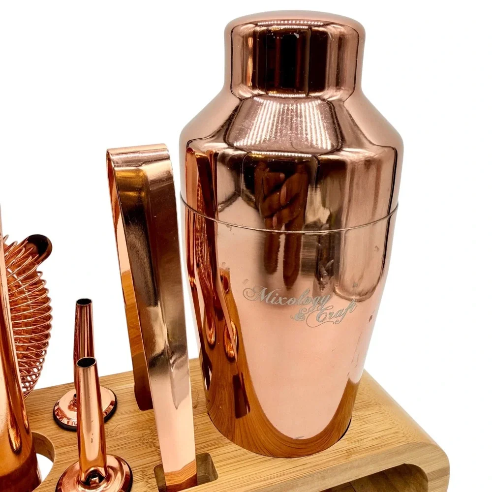Mixology & Craft Bar‎ Set 10-Piece Rose Gold Cocktail Shaker Kit Bamboo Stand